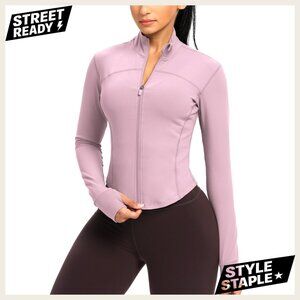 Lightweight Slim Fit Zip Up Athletic Jacket with Thumb Holes Modern Chic